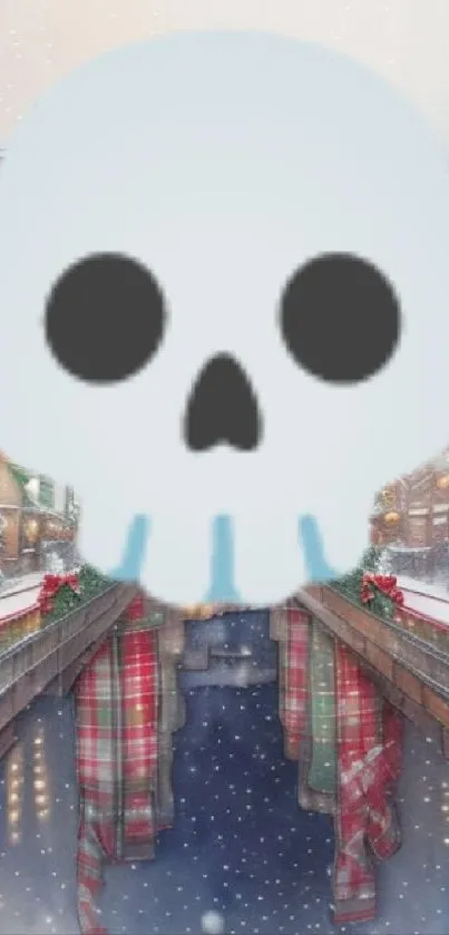 Skull design on a snowy cityscape wallpaper.