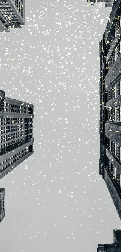 Snow falls over urban skyline with tall buildings.