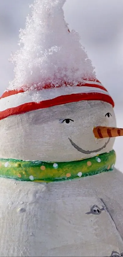 Snowy scene with a cute snowman wearing a red-striped beanie.