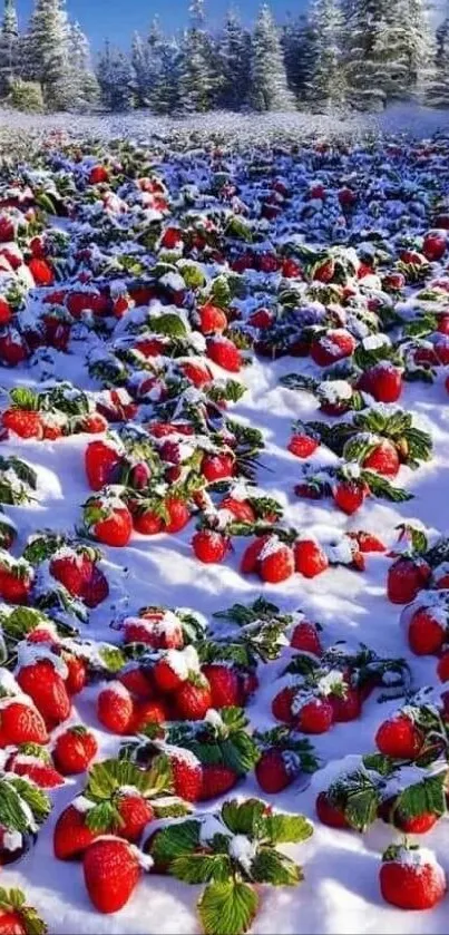 Red strawberries on snowy field wallpaper.