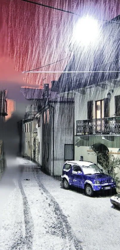 Snow-covered street at night with glowing streetlight.