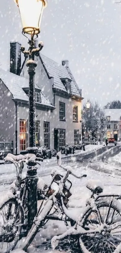 Snowy street with bicycle and glowing lamp, perfect winter mobile wallpaper.