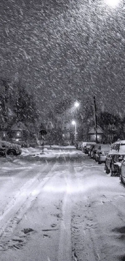 Snowy street scene at night with cars and streetlights.