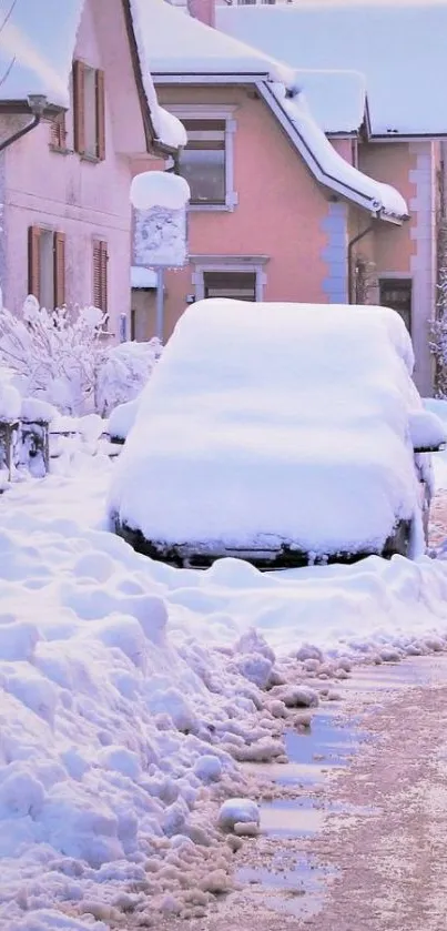 Snowy street mobile wallpaper with serene winter landscape.