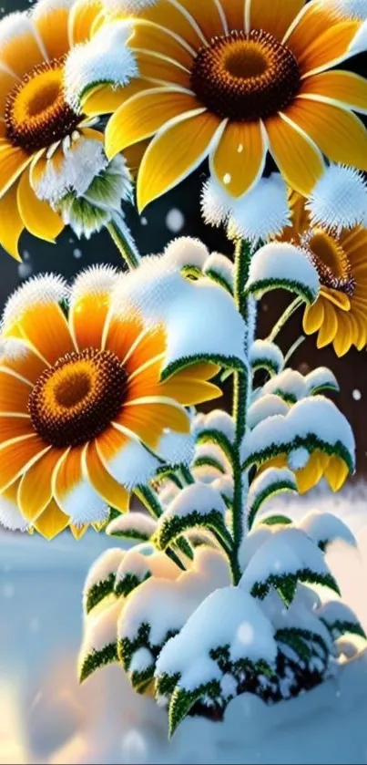 Vibrant sunflowers blanketed in snow, creating a unique winter aesthetic for mobile wallpaper.