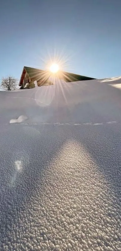 Snowy mountain landscape with sunrise.