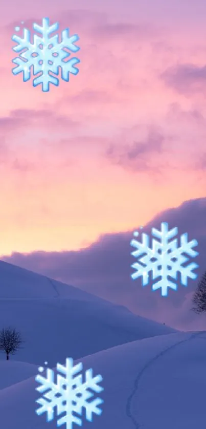 Snowy hills with trees and snowflakes against a pastel sunset sky.