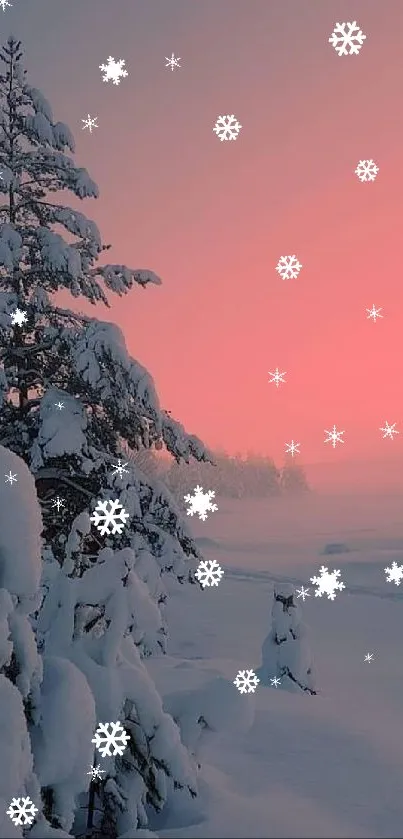 Snowy sunset with pink sky and snow-covered trees.