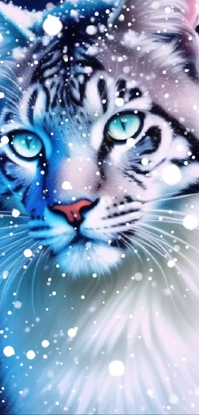 Fantasy art of a snowy tiger with bright blue eyes, perfect for mobile wallpaper.