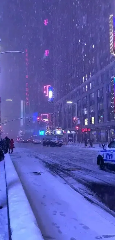 Snowy Times Square at night with neon lights and a wintry atmosphere.