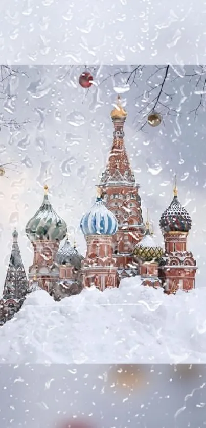 Snowy cathedral with colorful domes in a winter wonderland.