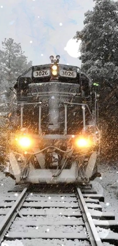 Snowy train on railroad tracks in winter scenery.