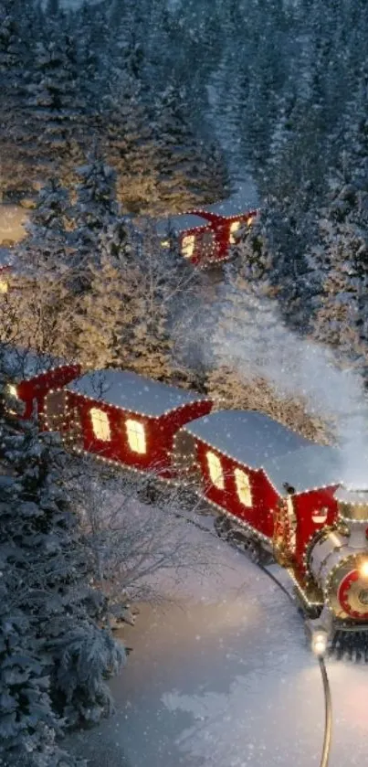 Red train travels through snowy winter forest at night.