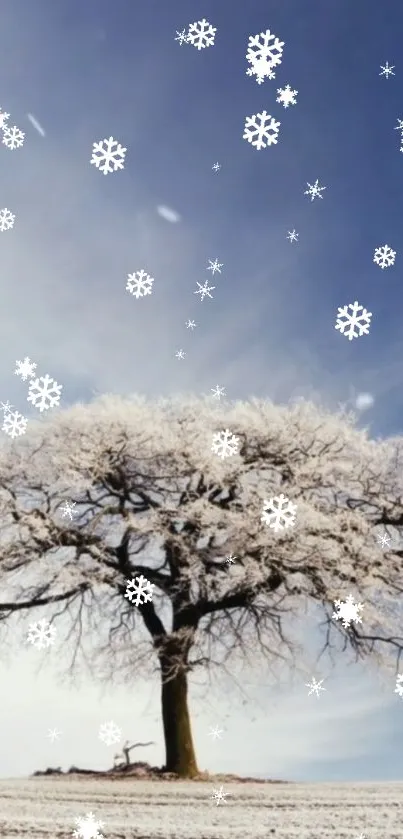 A lone tree in snow under a sky with snowflakes.