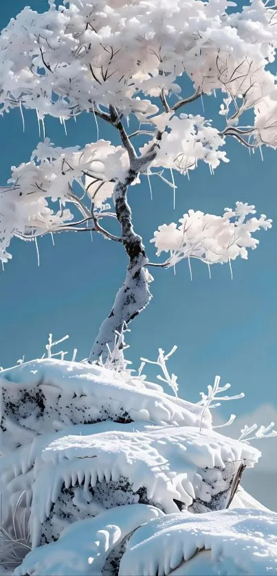 Snow-covered tree on icy winter landscape.