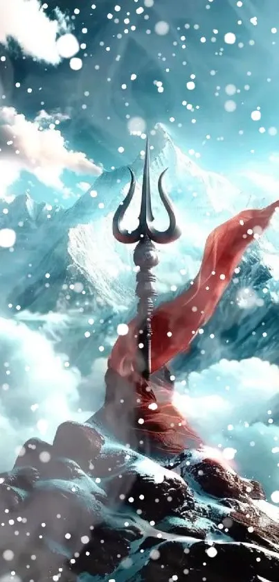 Snowy mountain peak with mystical trident.