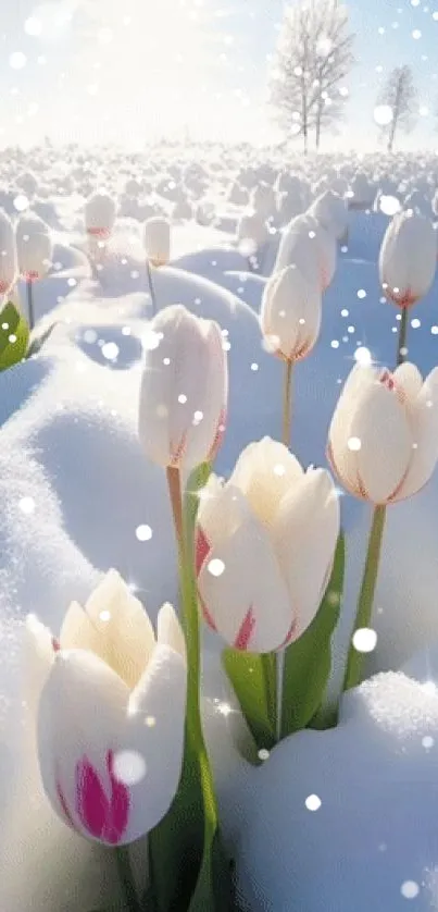 White tulips in snow, under a sunny, clear blue sky.