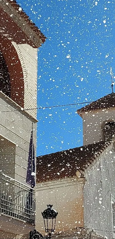 Snowy cityscape with blue sky and architecture.