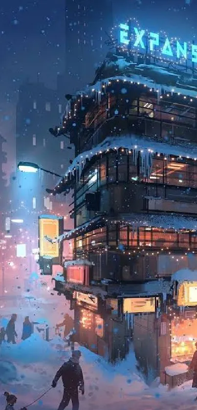 Futuristic snowy street scene with neon lights and buildings at night.