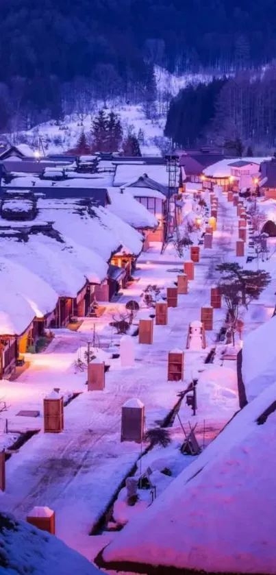 Snowy village at dawn with purple hues and glowing lanterns.