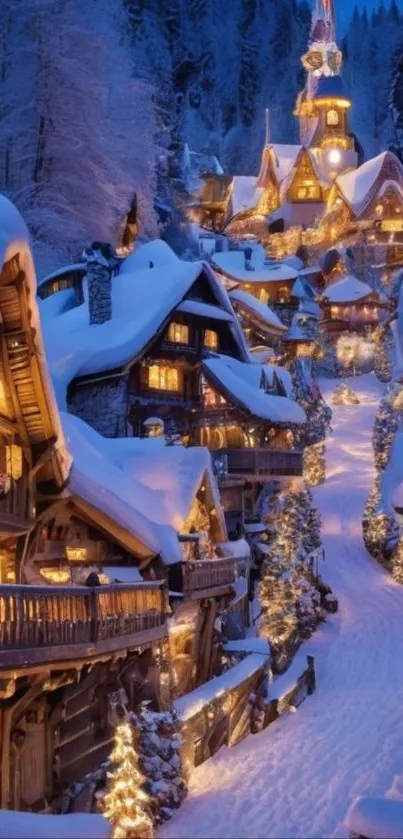 Snowy village with cozy glowing lights at dusk under a clear blue sky.
