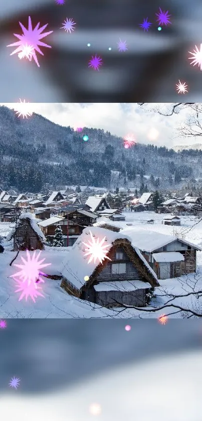 Snowy village with glowing stars in a serene winter panorama.