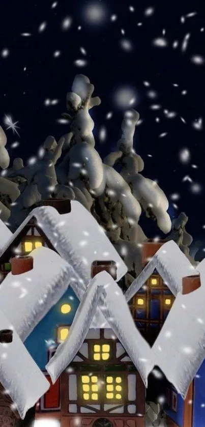 Snowy village at night with lit windows and falling snowflakes.