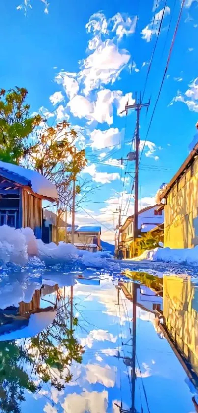 Snowy village with reflection and blue sky wallpaper.