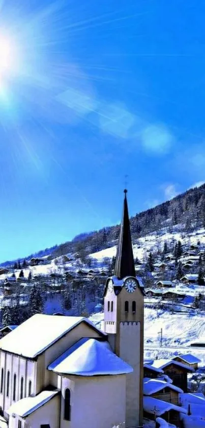 Snowy village under vibrant blue sky with church tower.