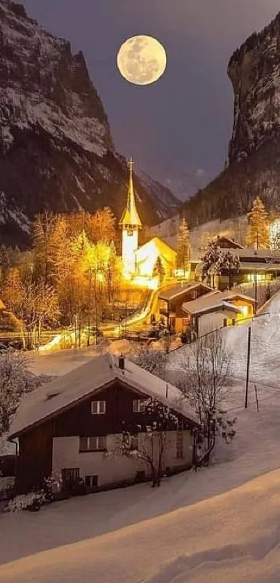 Snowy mountain village illuminated by full moon.