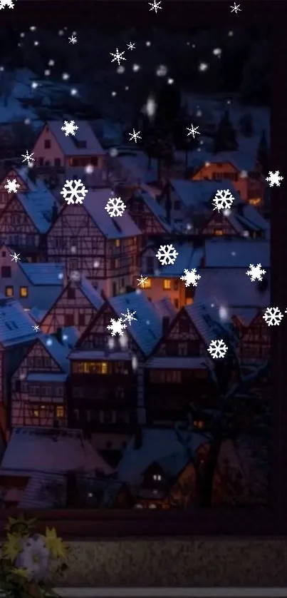 Snowy village night scene with falling snowflakes.