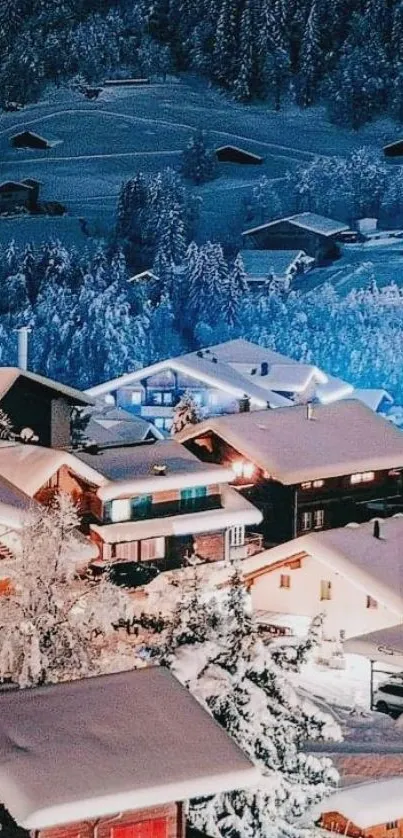 Snowy mountain village with cozy cabins at night.