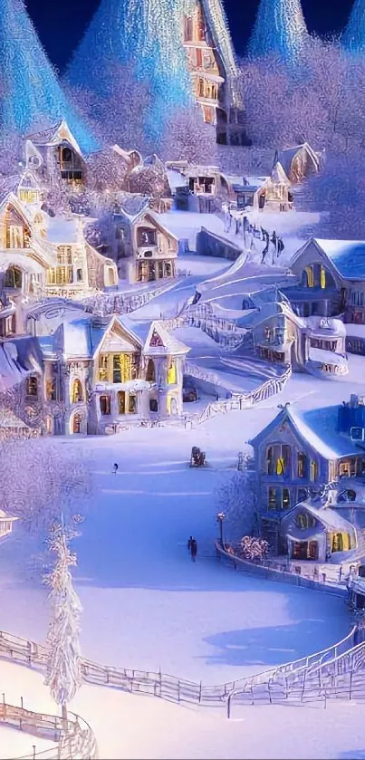 Snowy village wallpaper with winter cottages and frosty trees.