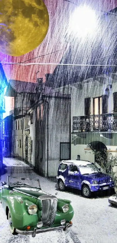 Snowy village street under a full moon with vintage cars.