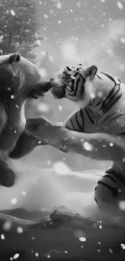 Bear and tiger face-off in snowy forest wallpaper.