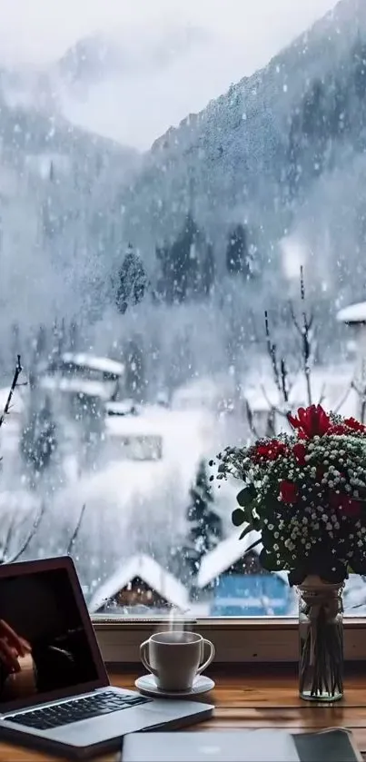 Snowy window view with laptop and flowers.