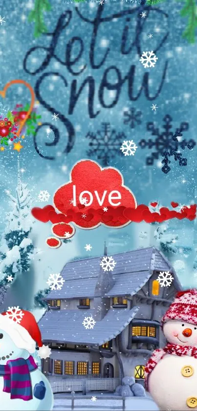 Snowy winter wallpaper with snowmen and cabin.