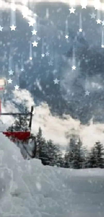 Snowy landscape with snowblower and trees under a cloudy winter sky.