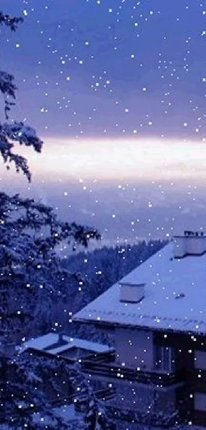 Winter scene with snowflakes at dusk, overlooking a snowy rooftop.