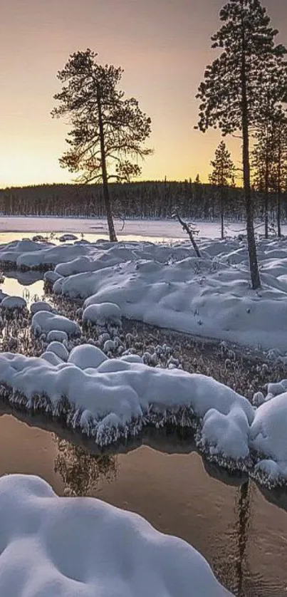 Serene snowy landscape with sunset and reflective water.