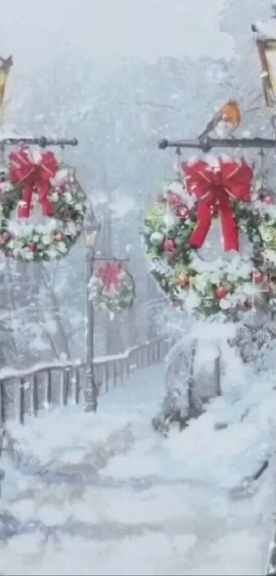 Snowy winter path with lanterns and wreaths.