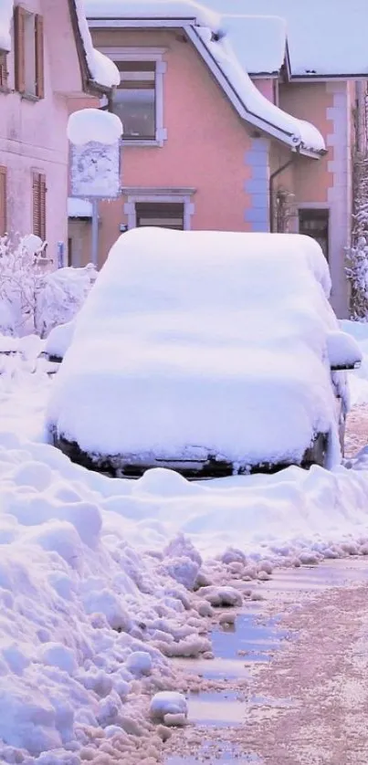 Serene snowy street with snow-covered car and houses.