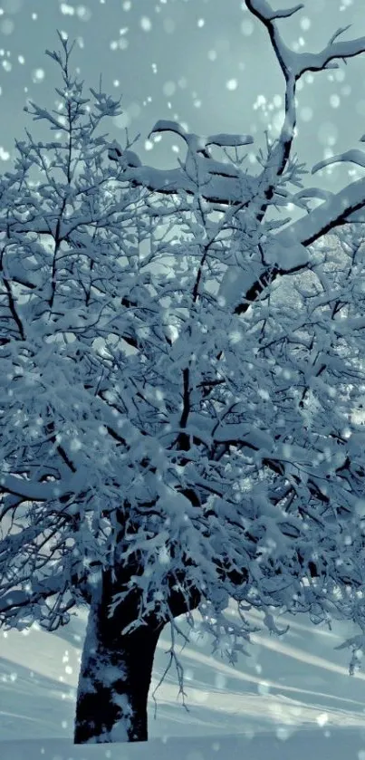 Snow-covered tree with falling snowflakes.