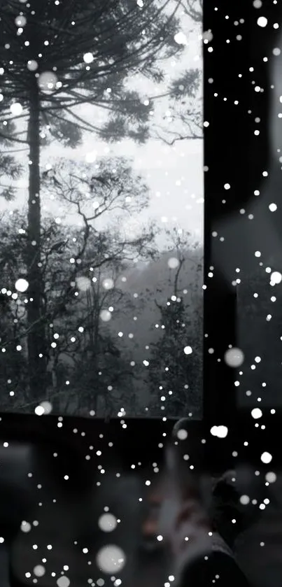 Serene snowy window view with forest backdrop.