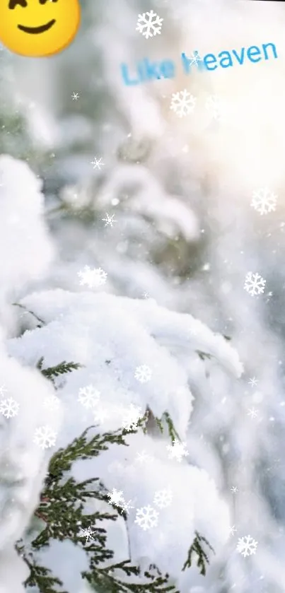 Snowy branches with falling snowflakes in a serene winter scene.