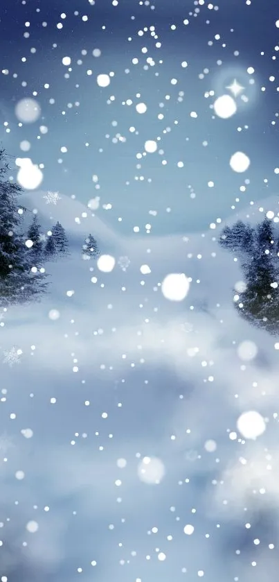 Snowy landscape wallpaper with falling snowflakes and trees.