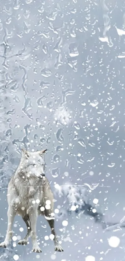 Lone wolf in snowy landscape with falling snowflakes.