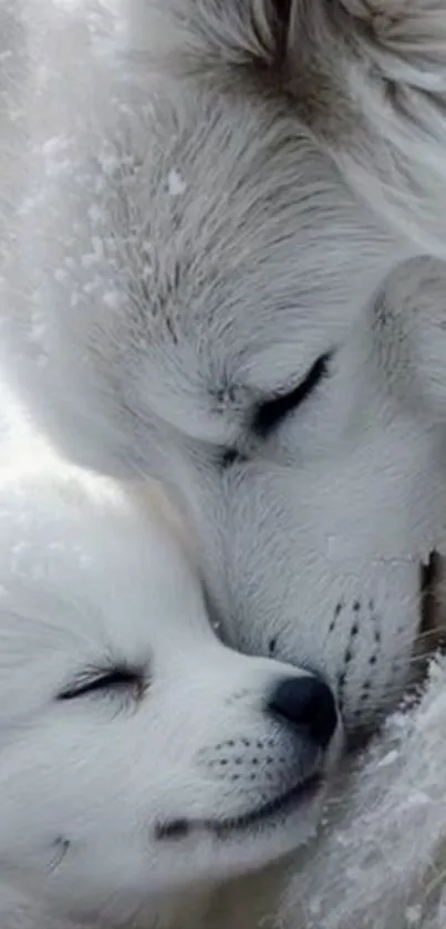 Snowy wolf and pup cuddling peacefully.