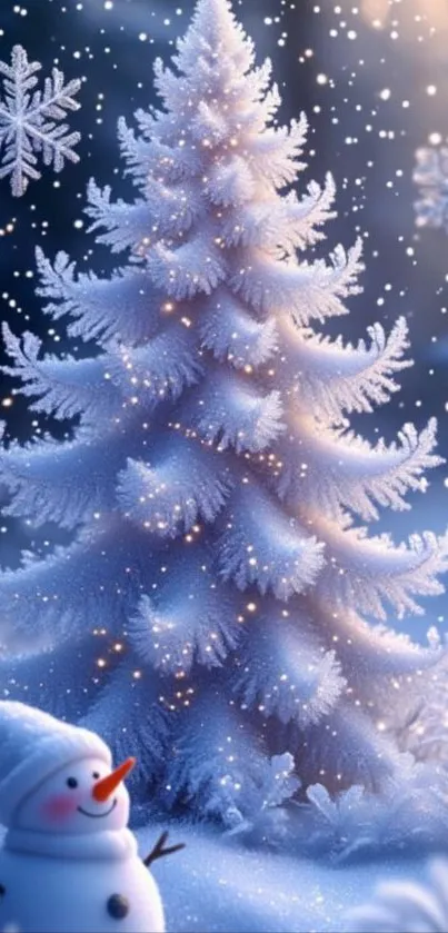 Snowy Christmas tree with a cheerful snowman and falling snowflakes.