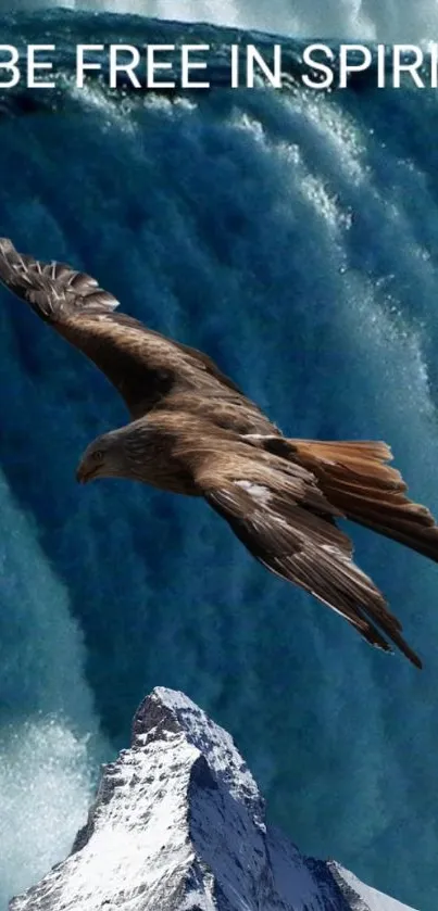 Eagle soaring over a snowy mountain with a dark cyan sky in the background.